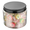 Chef 101 16 oz Round Clear Plastic Candy and Snack Jar - with Black Aluminum Lid - 3 3/4" x 3 3/4" x 3" - 10 count box