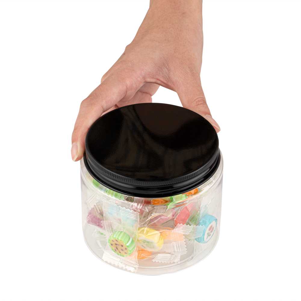 Chef 101 16 oz Round Clear Plastic Candy and Snack Jar - with Black Aluminum Lid - 3 3/4" x 3 3/4" x 3" - 100 count box