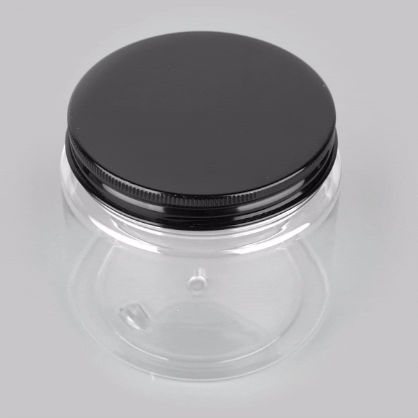 Chef 101 16 oz Round Clear Plastic Candy and Snack Jar - with Black Aluminum Lid - 3 3/4" x 3 3/4" x 3" - 100 count box