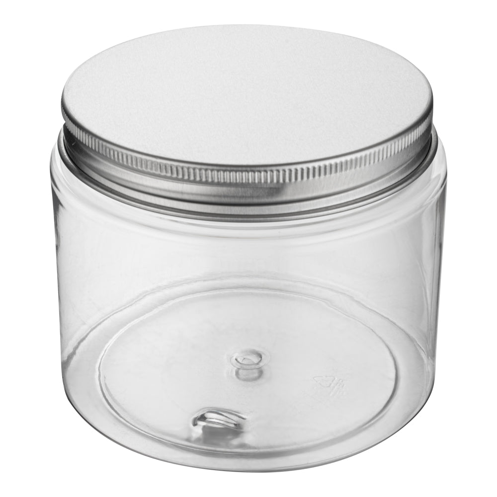 Chef 101 16 oz Round Clear Plastic Candy and Snack Jar - with Silver Aluminum Lid - 3 3/4" x 3 3/4" x 3" - 10 count box