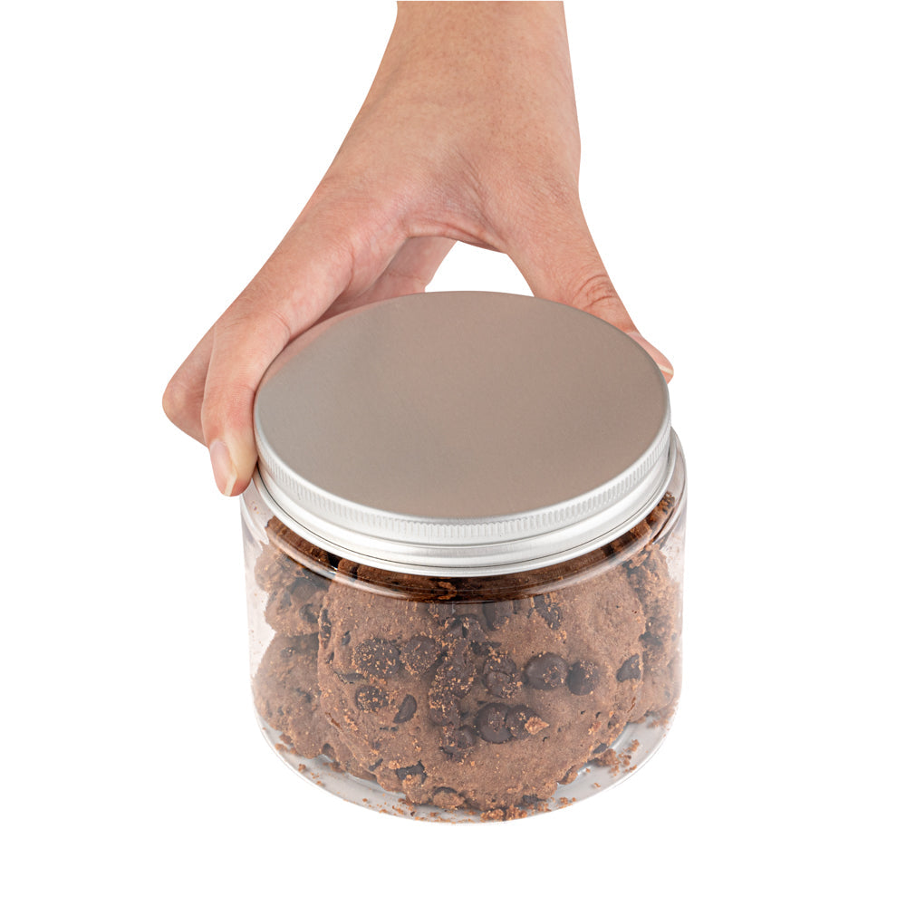 Chef 101 16 oz Round Clear Plastic Candy and Snack Jar - with Silver Aluminum Lid - 3 3/4" x 3 3/4" x 3" - 10 count box