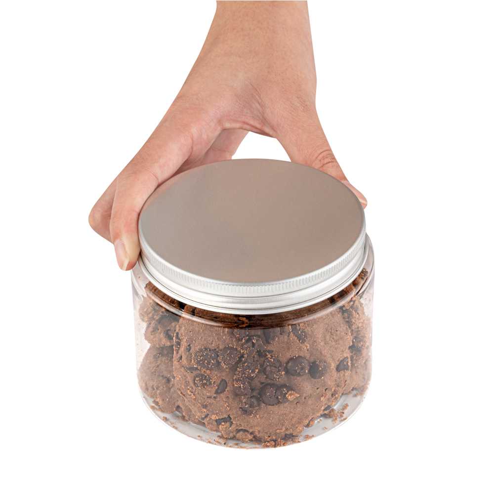 Chef 101 16 oz Round Clear Plastic Candy and Snack Jar - with Silver Aluminum Lid - 3 3/4" x 3 3/4" x 3" - 100 count box