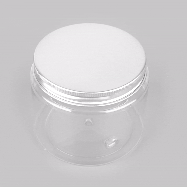 Chef 101 16 oz Round Clear Plastic Candy and Snack Jar - with Silver Aluminum Lid - 3 3/4" x 3 3/4" x 3" - 100 count box
