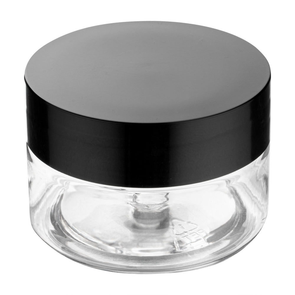 Chef 101 1 oz Round Clear Plastic Candy and Snack Jar - with Black Plastic Lid - 2" x 2" x 1 1/4" - 10 count box