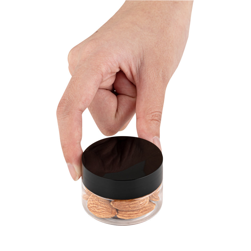 Chef 101 1 oz Round Clear Plastic Candy and Snack Jar - with Black Plastic Lid - 2" x 2" x 1 1/4" - 10 count box