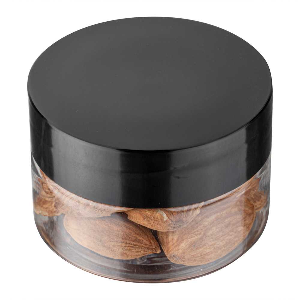 Chef 101 1 oz Round Clear Plastic Candy and Snack Jar - with Black Plastic Lid - 2" x 2" x 1 1/4" - 100 count box