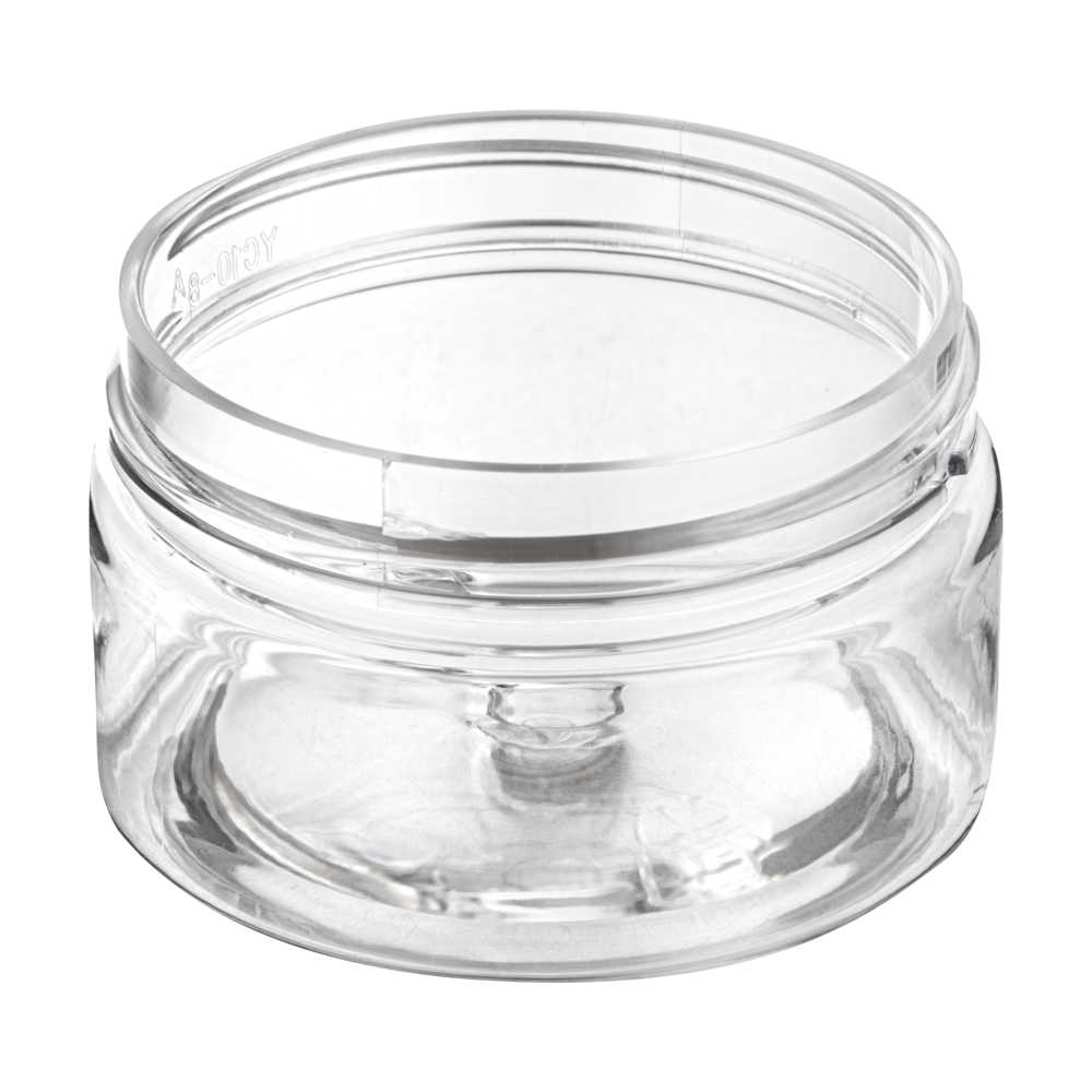 Chef 101 1 oz Round Clear Plastic Candy and Snack Jar - with Black Plastic Lid - 2" x 2" x 1 1/4" - 100 count box