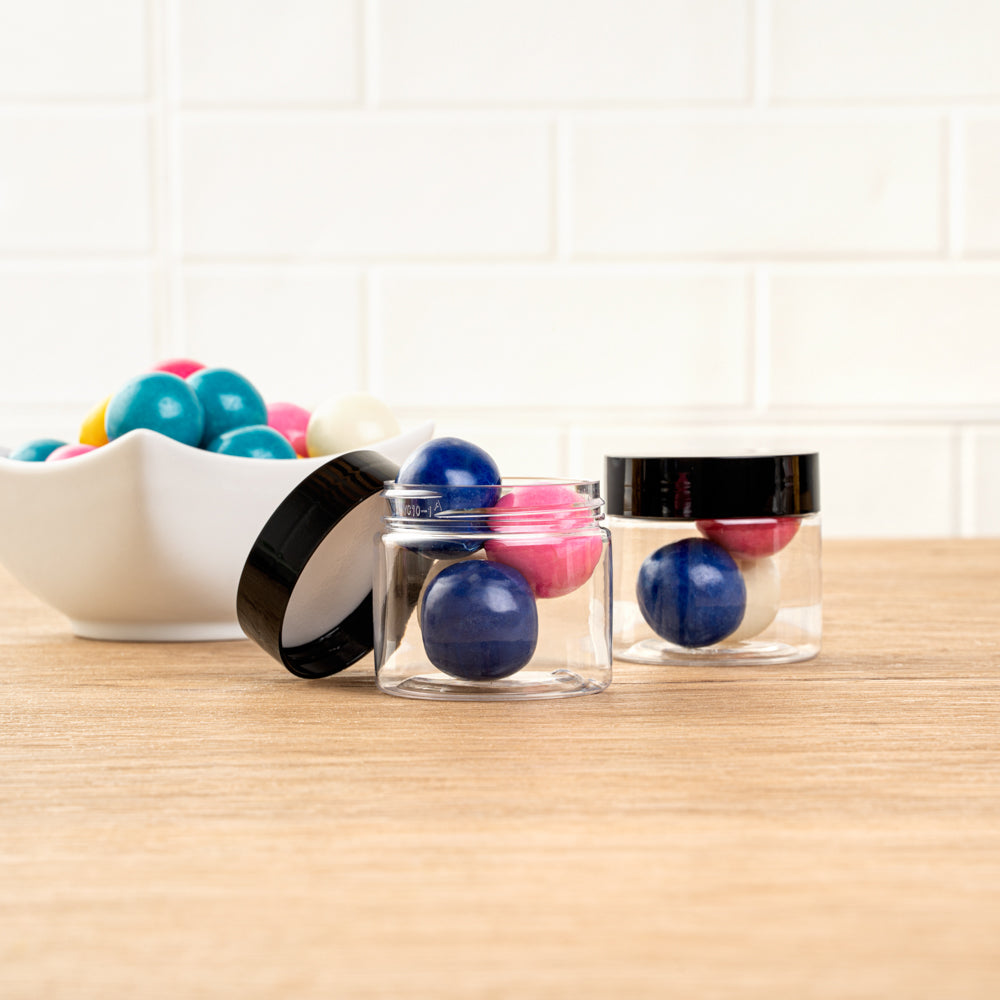 Chef 101 2 oz Round Clear Plastic Candy and Snack Jar - with Black Plastic Lid - 2" x 2" x 1 3/4" - 10 count box