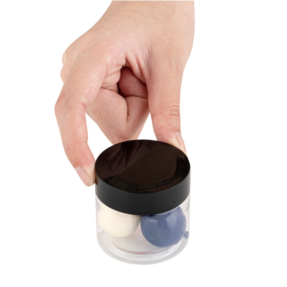 Chef 101 2 oz Round Clear Plastic Candy and Snack Jar - with Black Plastic Lid - 2" x 2" x 1 3/4" - 10 count box