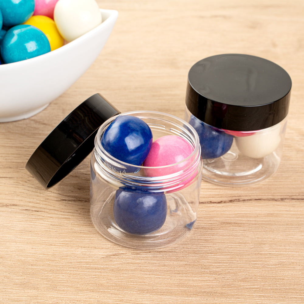 Chef 101 2 oz Round Clear Plastic Candy and Snack Jar - with Black Plastic Lid - 2" x 2" x 1 3/4" - 10 count box