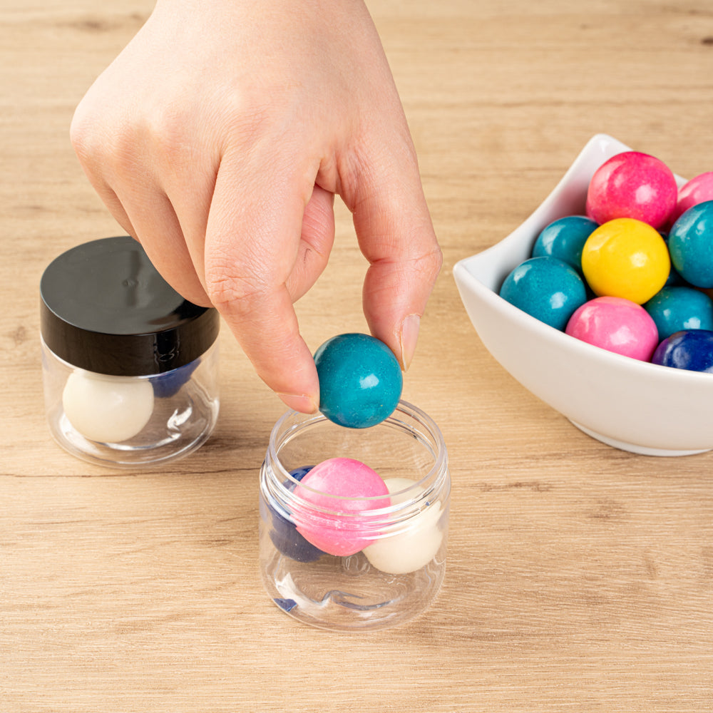 Chef 101 2 oz Round Clear Plastic Candy and Snack Jar - with Black Plastic Lid - 2" x 2" x 1 3/4" - 10 count box