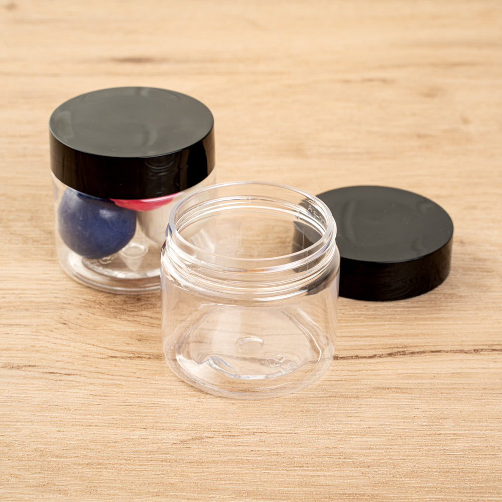 Chef 101 2 oz Round Clear Plastic Candy and Snack Jar - with Black Plastic Lid - 2" x 2" x 1 3/4" - 10 count box