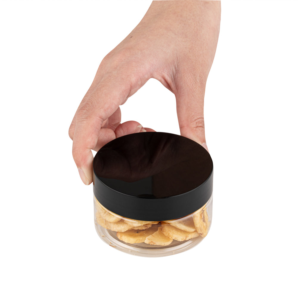 Chef 101 4 oz Round Clear Plastic Candy and Snack Jar - with Black Plastic Lid - 2 3/4" x 2 3/4" x 1 1/2" - 10 count box
