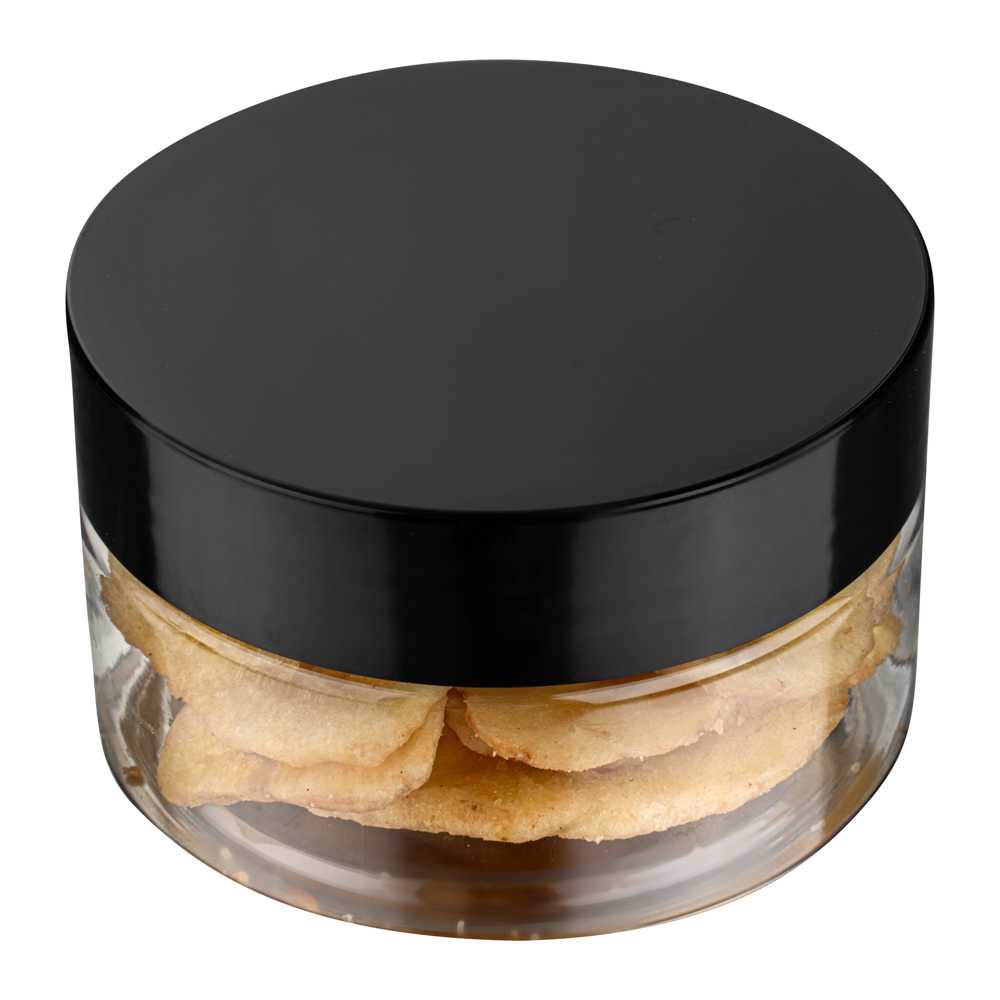 Chef 101 4 oz Round Clear Plastic Candy and Snack Jar - with Black Plastic Lid - 2 3/4" x 2 3/4" x 1 1/2" - 100 count box