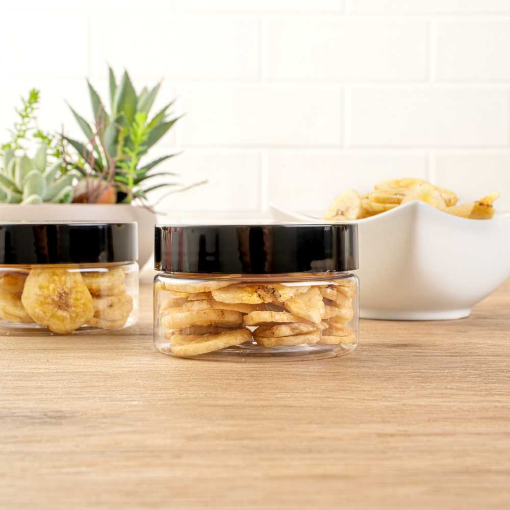 Chef 101 4 oz Round Clear Plastic Candy and Snack Jar - with Black Plastic Lid - 2 3/4" x 2 3/4" x 1 1/2" - 100 count box