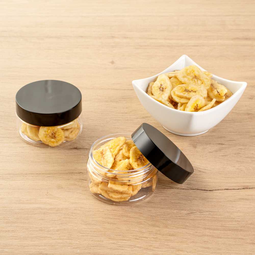 Chef 101 4 oz Round Clear Plastic Candy and Snack Jar - with Black Plastic Lid - 2 3/4" x 2 3/4" x 1 1/2" - 100 count box