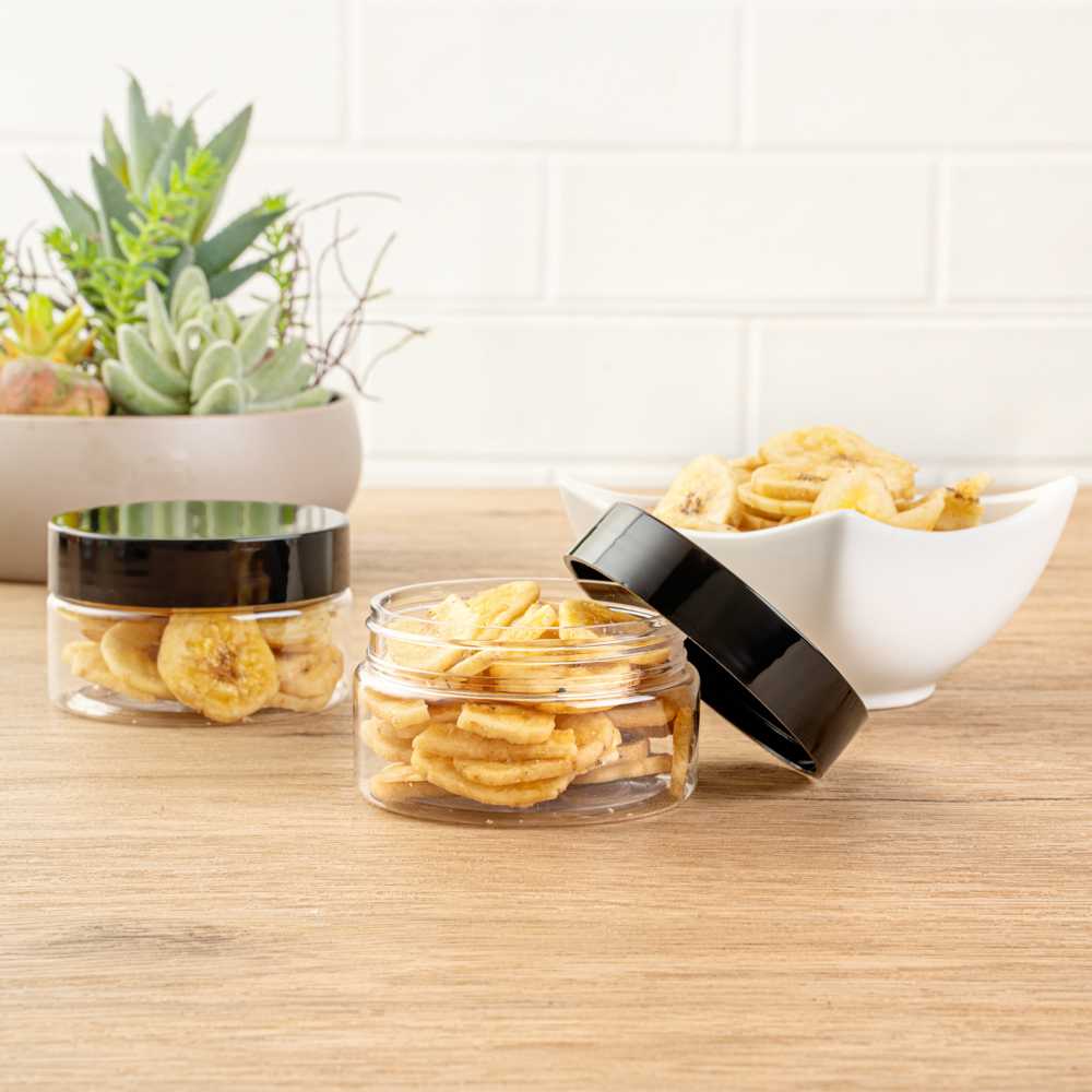 Chef 101 4 oz Round Clear Plastic Candy and Snack Jar - with Black Plastic Lid - 2 3/4" x 2 3/4" x 1 1/2" - 100 count box
