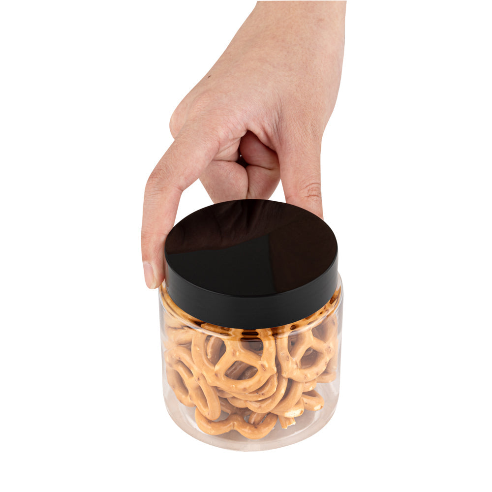 Chef 101 8 oz Round Clear Plastic Candy and Snack Jar - with Black Plastic Lid - 3" x 3" x 3" - 10 count box