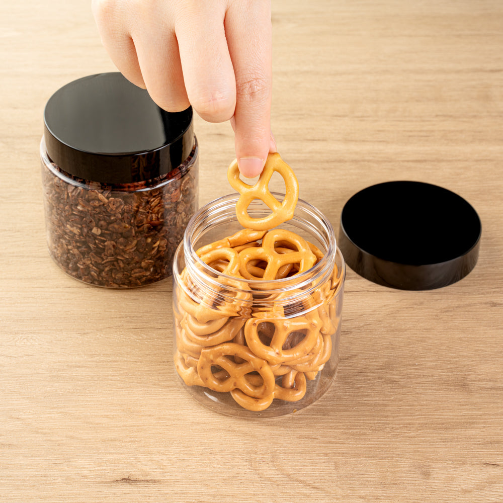 Chef 101 8 oz Round Clear Plastic Candy and Snack Jar - with Black Plastic Lid - 3" x 3" x 3" - 10 count box
