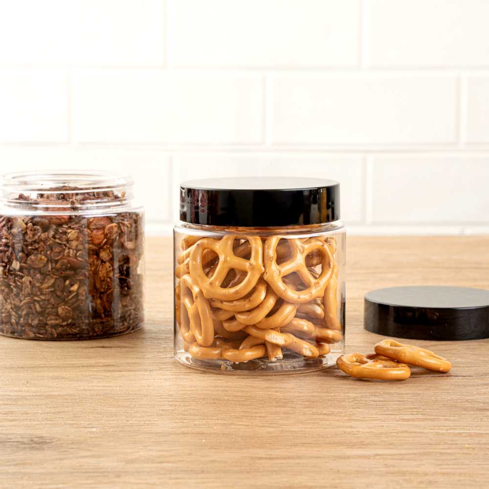 Chef 101 8 oz Round Clear Plastic Candy and Snack Jar - with Black Plastic Lid - 3" x 3" x 3" - 100 count box