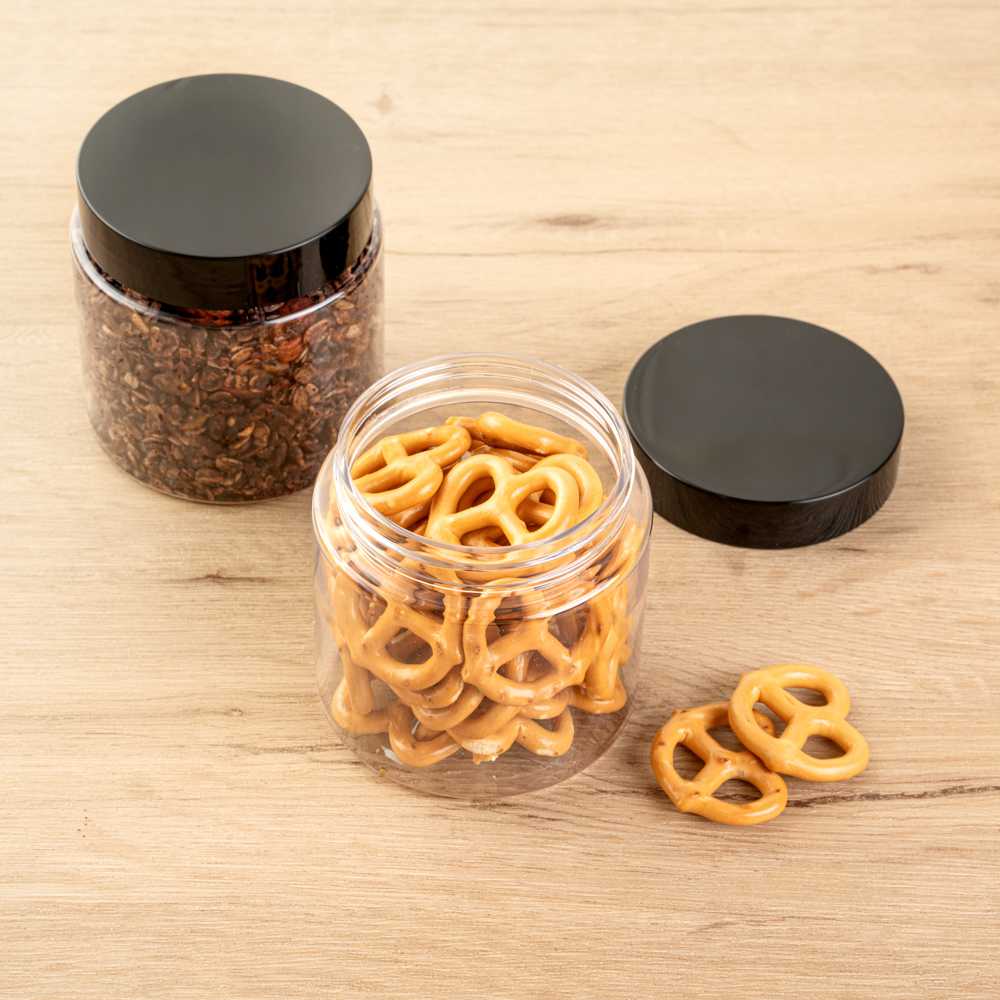 Chef 101 8 oz Round Clear Plastic Candy and Snack Jar - with Black Plastic Lid - 3" x 3" x 3" - 100 count box