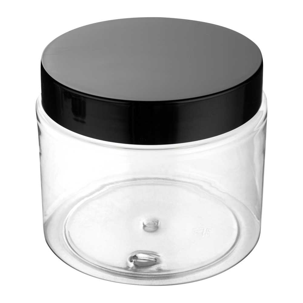 Chef 101 16 oz Round Clear Plastic Candy and Snack Jar - with Black Plastic Lid - 3 3/4" x 3 3/4" x 3" - 100 count box