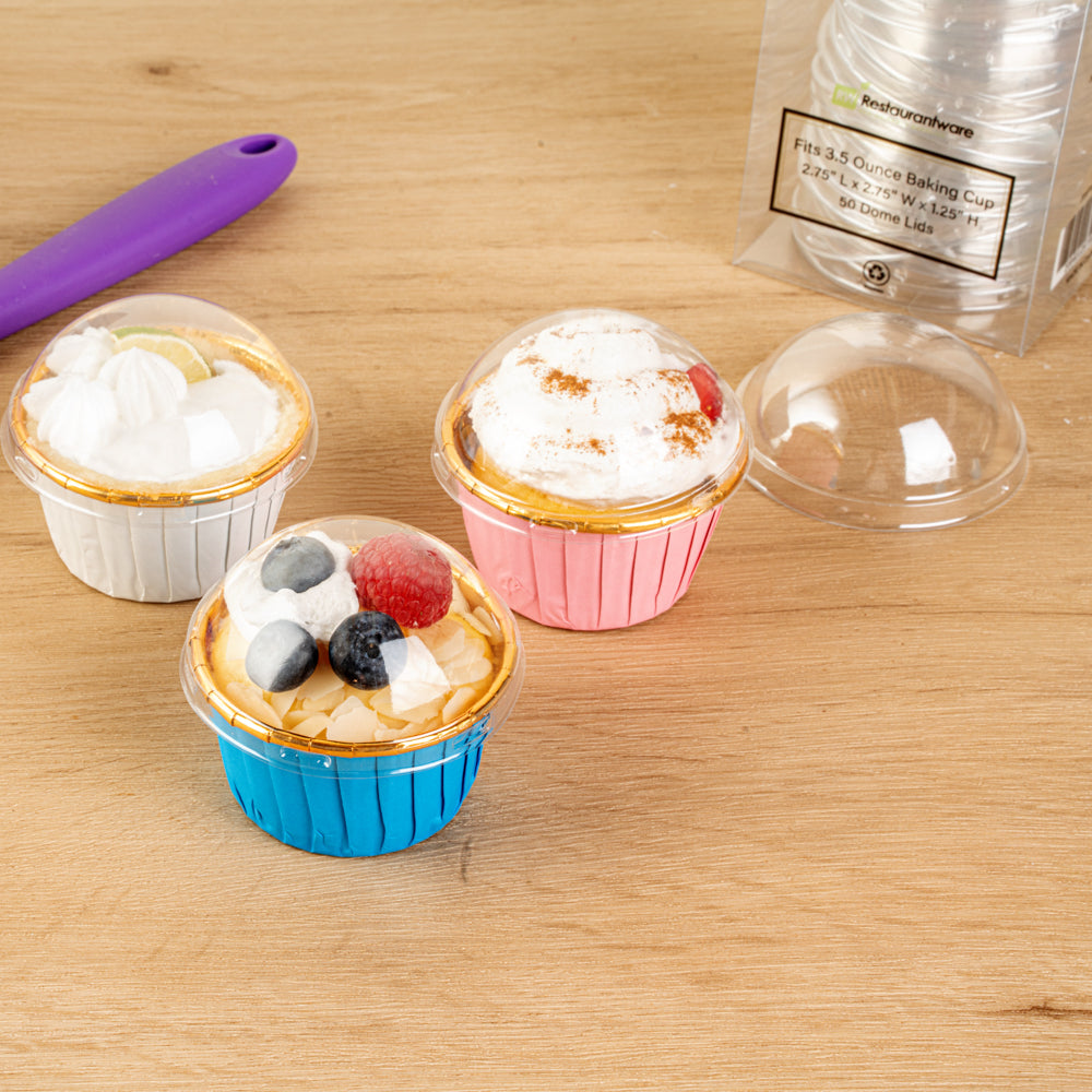 Panificio Round Clear Plastic Dome Lid - Fits 3.5 oz Foil Paper Baking Cup - 2 3/4" x 2 3/4" x 1 1/4" - 500 count box