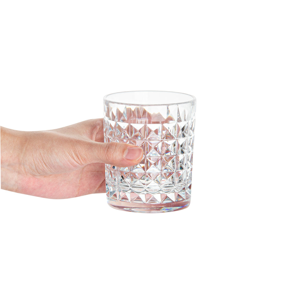 Bev Tek 9 oz Polycarbonate Old Fashioned Glass - Cut Crystal Design - 3 1/4" x 3 1/4" x 3 3/4" - 48 count box