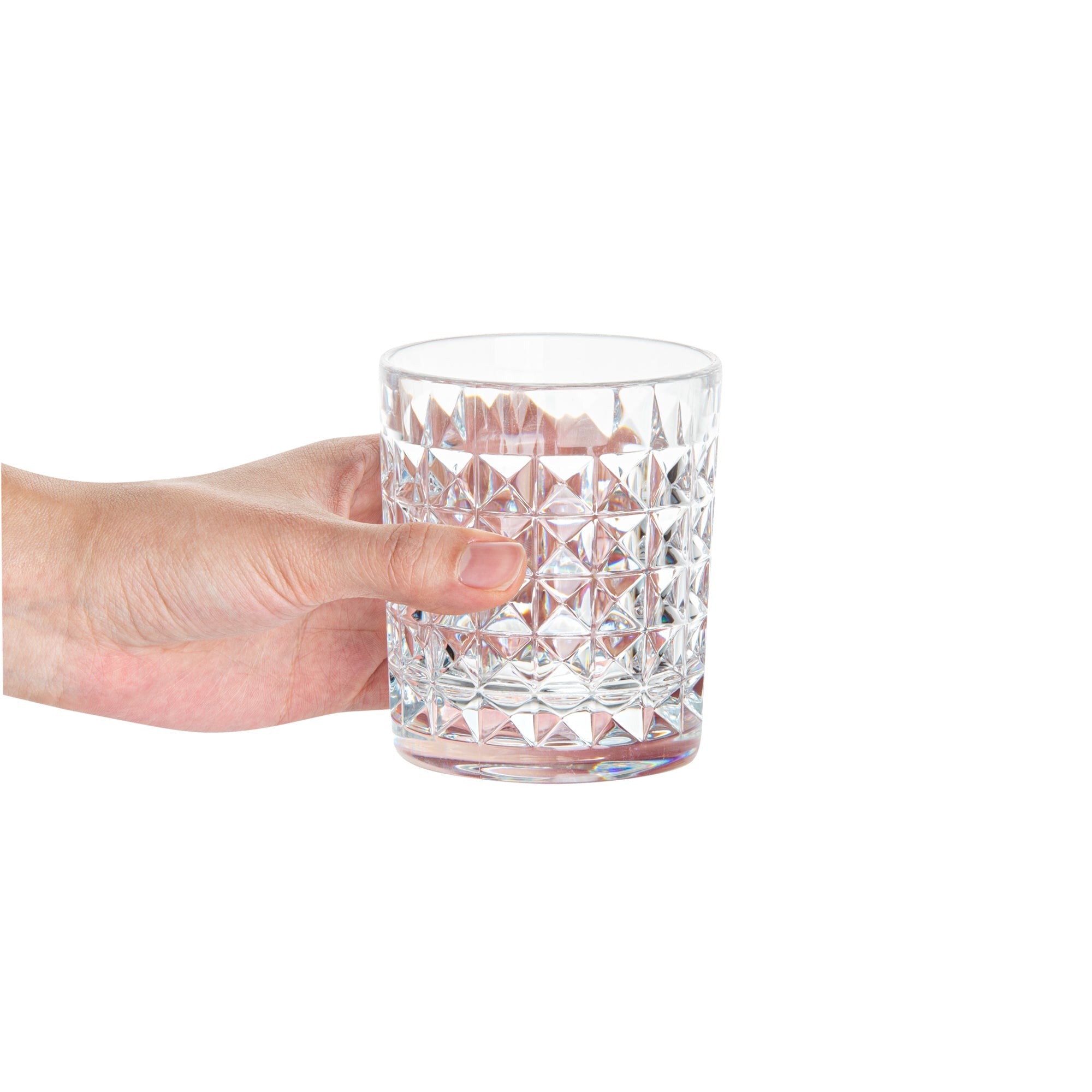 Bev Tek 9 oz Polycarbonate Old Fashioned Glass - Cut Crystal Design - 3 1/4" x 3 1/4" x 3 3/4" - 48 count box