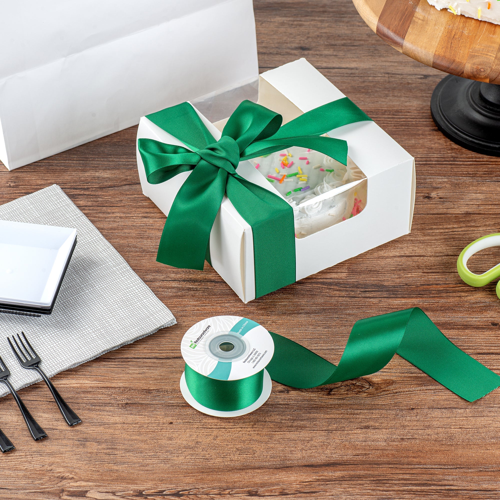 Gift Tek Forest Green Polyester Satin Ribbon - Single Face - 1 1/2" x 10 yds - 1 count box
