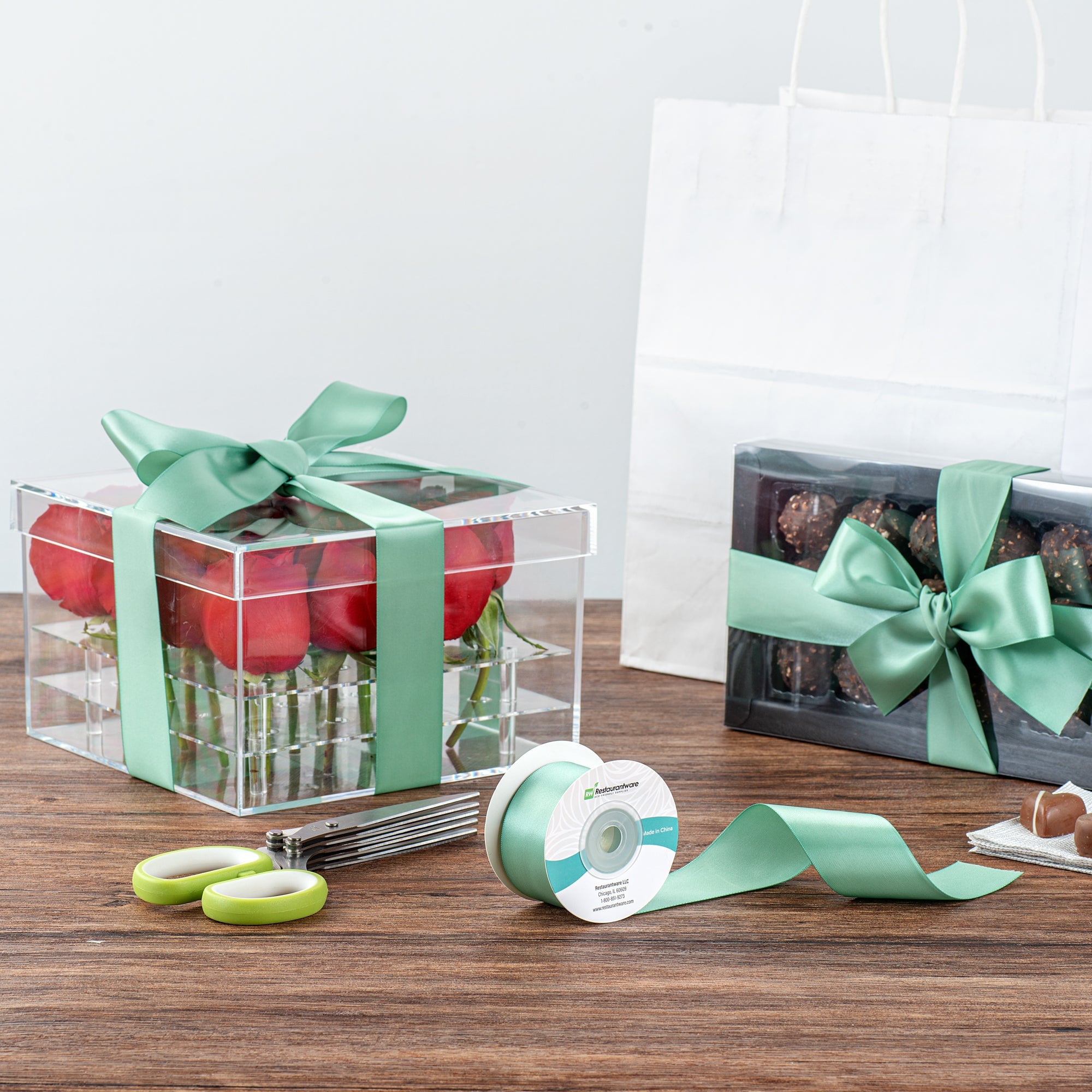 Gift Tek Dark Shale Green Polyester Satin Ribbon - Single Face - 1 1/2" x 10 yds - 10 count box