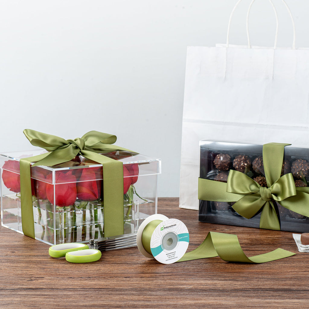 Gift Tek Spring Moss Green Polyester Satin Ribbon - Single Face - 1 1/2" x 10 yds - 1 count box