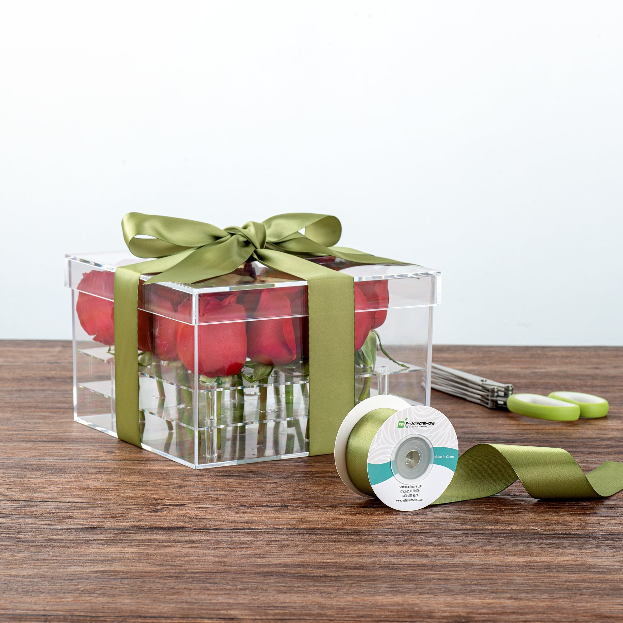 Gift Tek Spring Moss Green Polyester Satin Ribbon - Single Face - 1 1/2" x 10 yds - 10 count box
