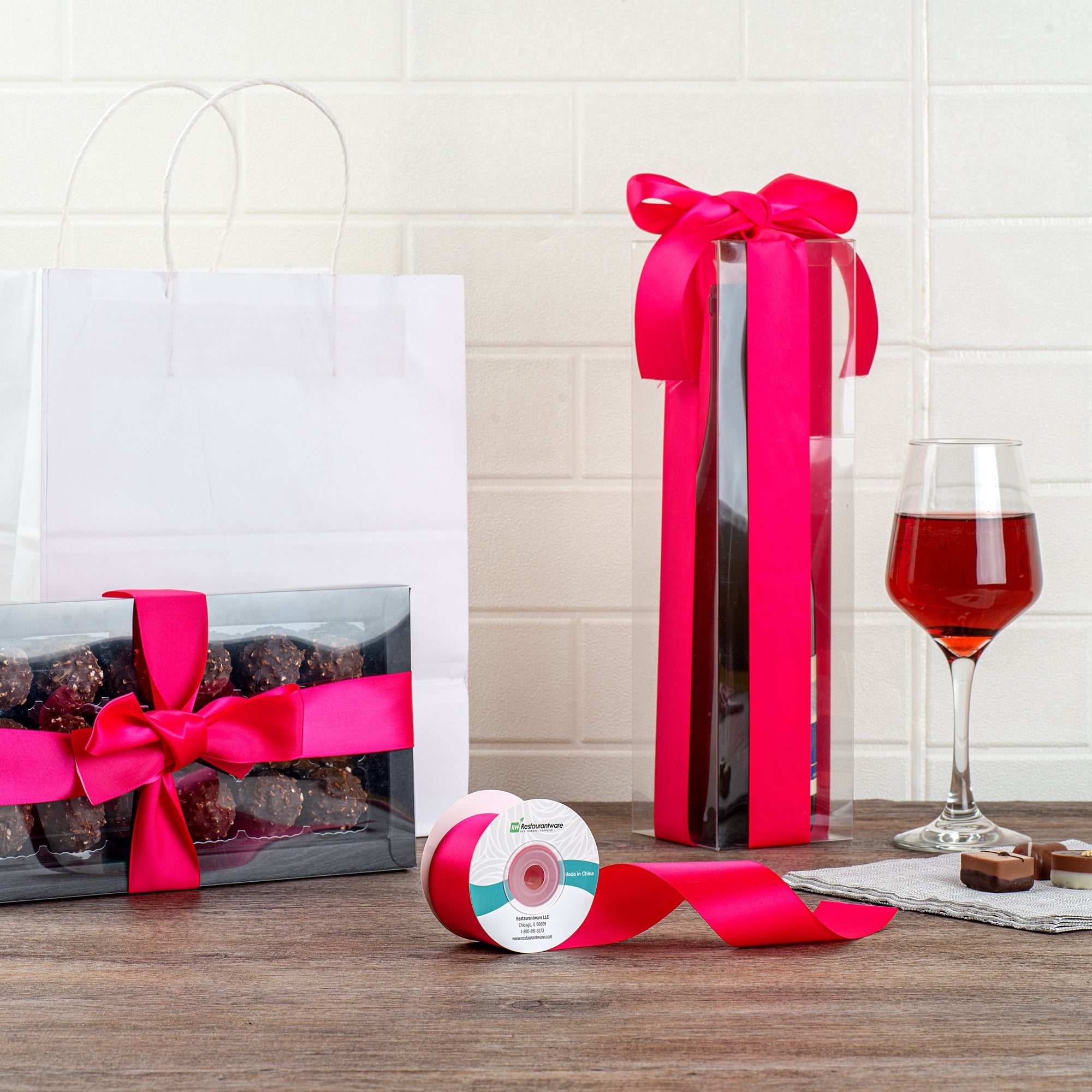 Gift Tek Shocking Pink Polyester Satin Ribbon - Single Face - 1 1/2" x 10 yds - 10 count box