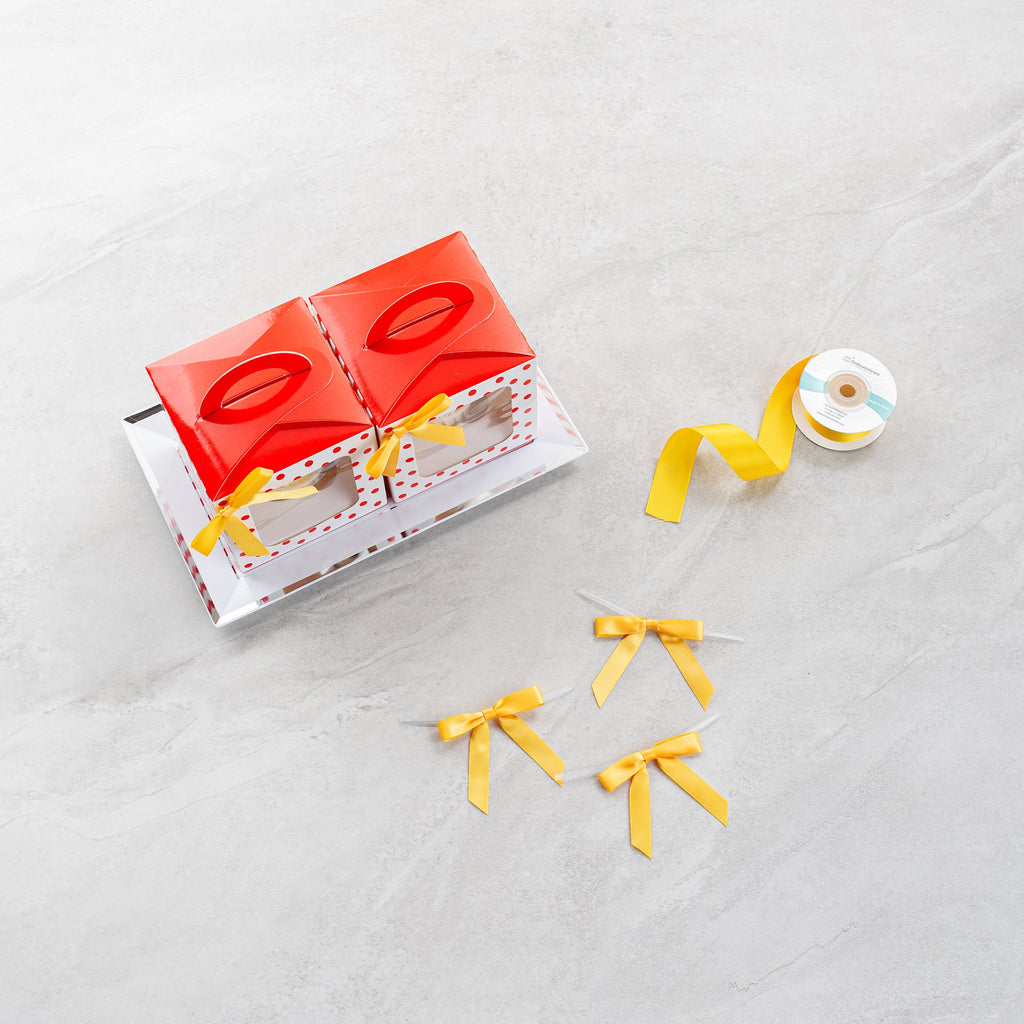 Gift Tek Gold Polyester Satin Twist Tie Bow - Pre-Tied - 3" x 2 1/2" - 4000 count box