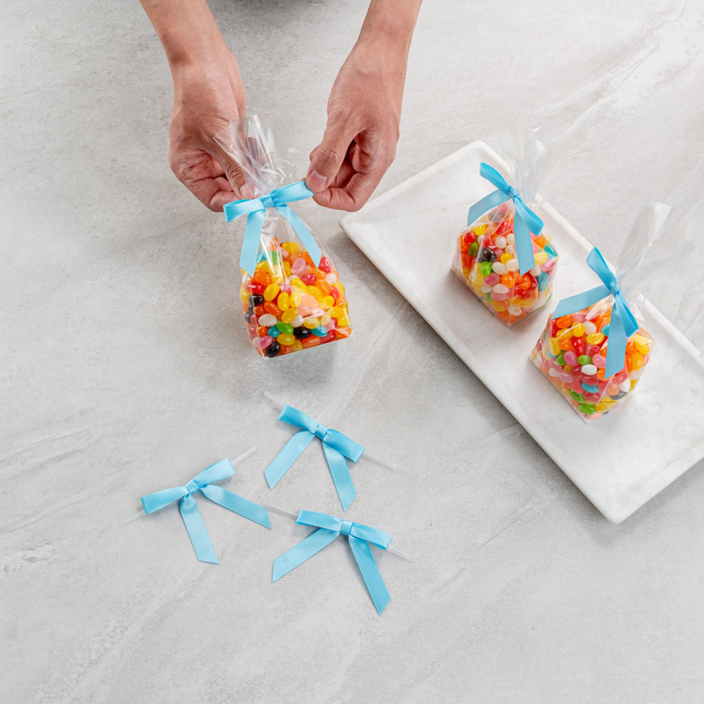Gift Tek Light Blue Polyester Satin Twist Tie Bow - Pre-Tied - 3" x 2 1/2" - 4000 count box