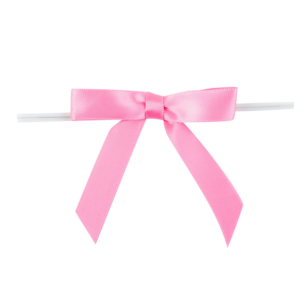 Gift Tek Pink Polyester Satin Twist Tie Bow - Pre-Tied - 3" x 2 1/2" - 100 count box