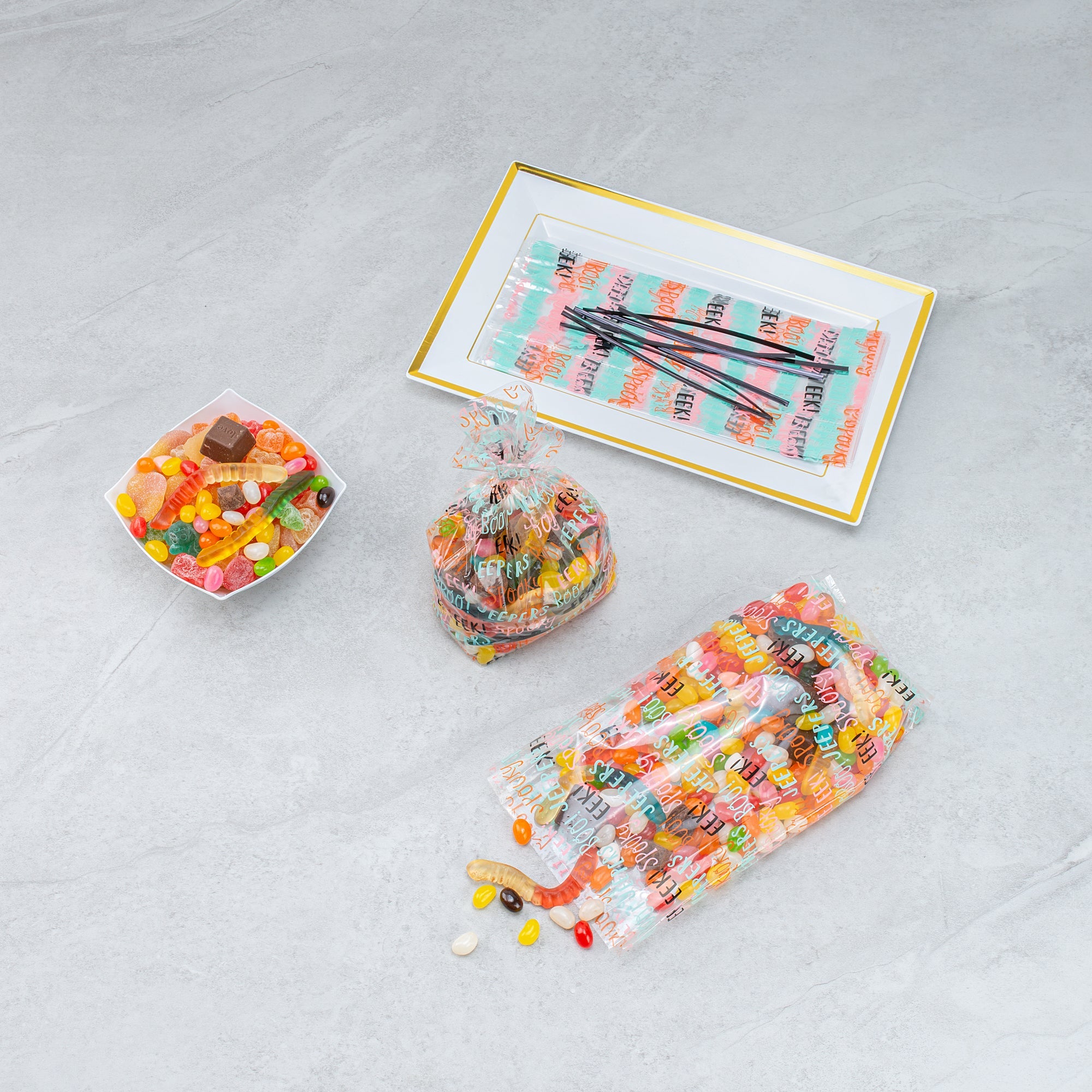 Bag Tek Plastic Candy Bag - Halloween Words, Gusseted - 4" x 2" x 9 1/2" - 100 count box