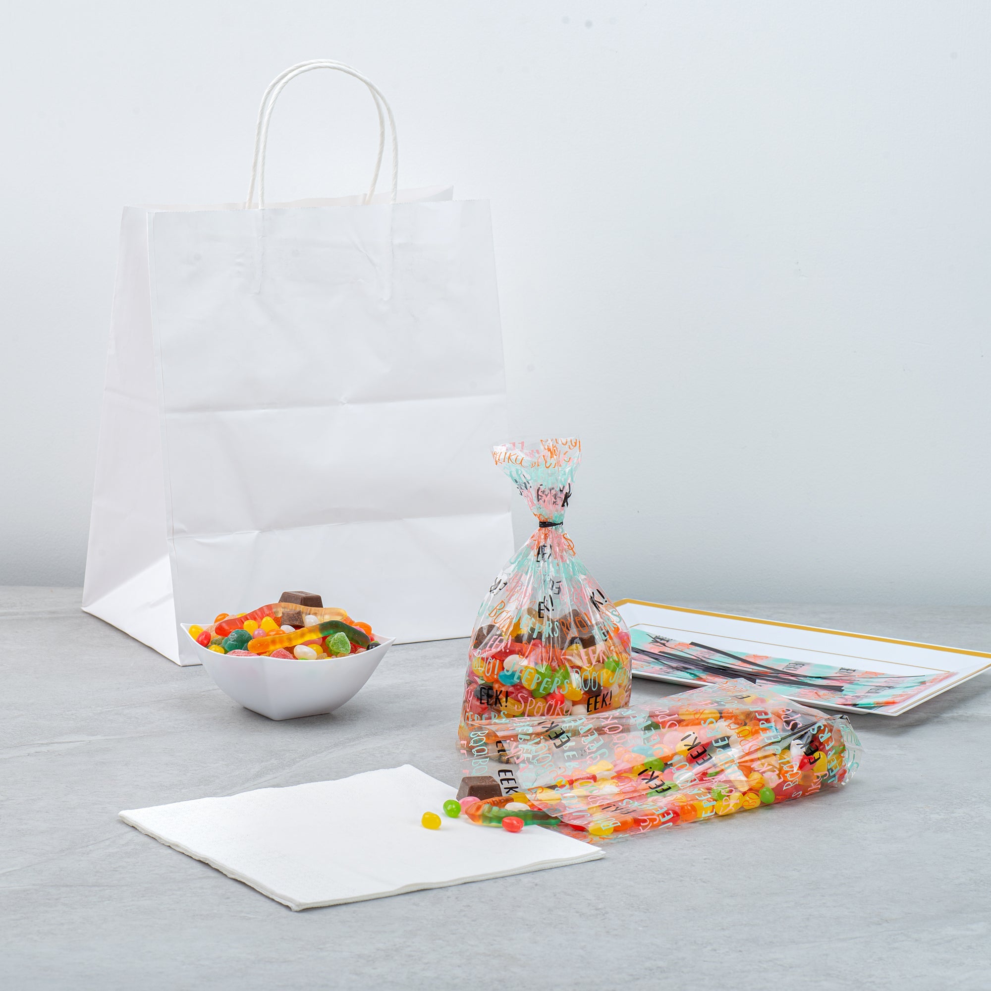 Bag Tek Plastic Candy Bag - Halloween Words, Gusseted - 4" x 2" x 9 1/2" - 100 count box