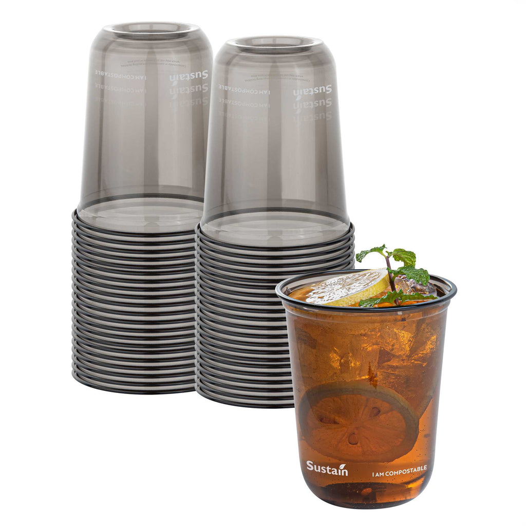 Sustain 12 oz U-Shape Black PLA Plastic Drinking Cup - Compostable, Rounded Bottom - 3 1/2" x 3 1/2" x 4 1/4" - 100 count box