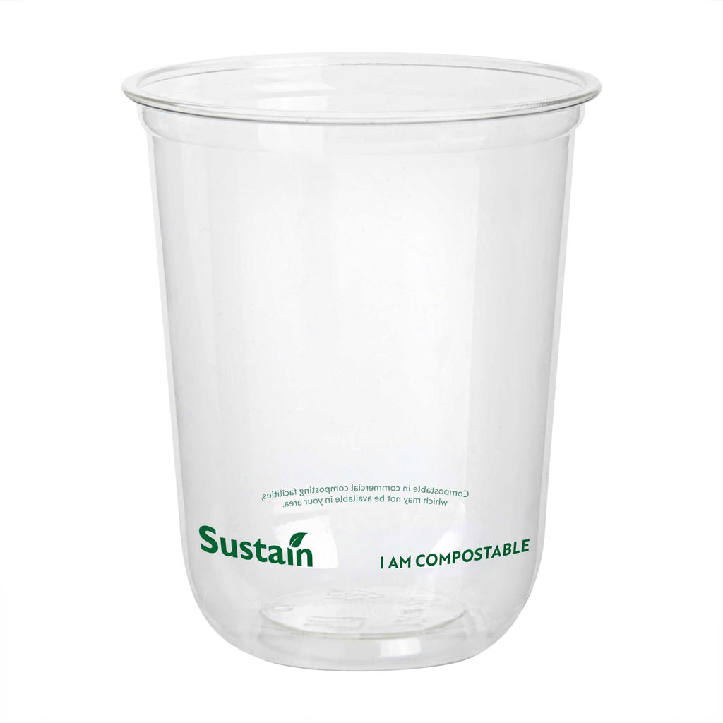 Sustain 12 oz U-Shape Clear PLA Plastic Drinking Cup - Compostable, Rounded Bottom - 3 1/2" x 3 1/2" x 4 1/4" - 100 count box