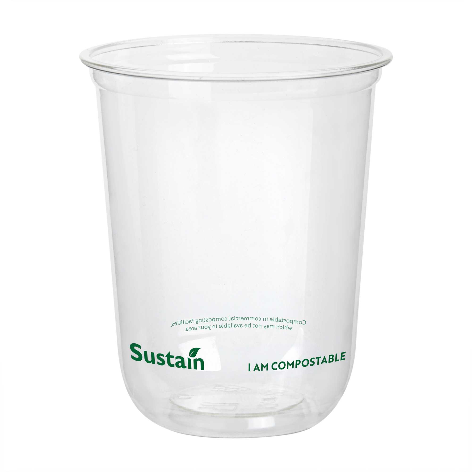Sustain 12 oz U-Shape Clear PLA Plastic Drinking Cup - Compostable, Rounded Bottom - 3 1/2" x 3 1/2" x 4 1/4" - 100 count box