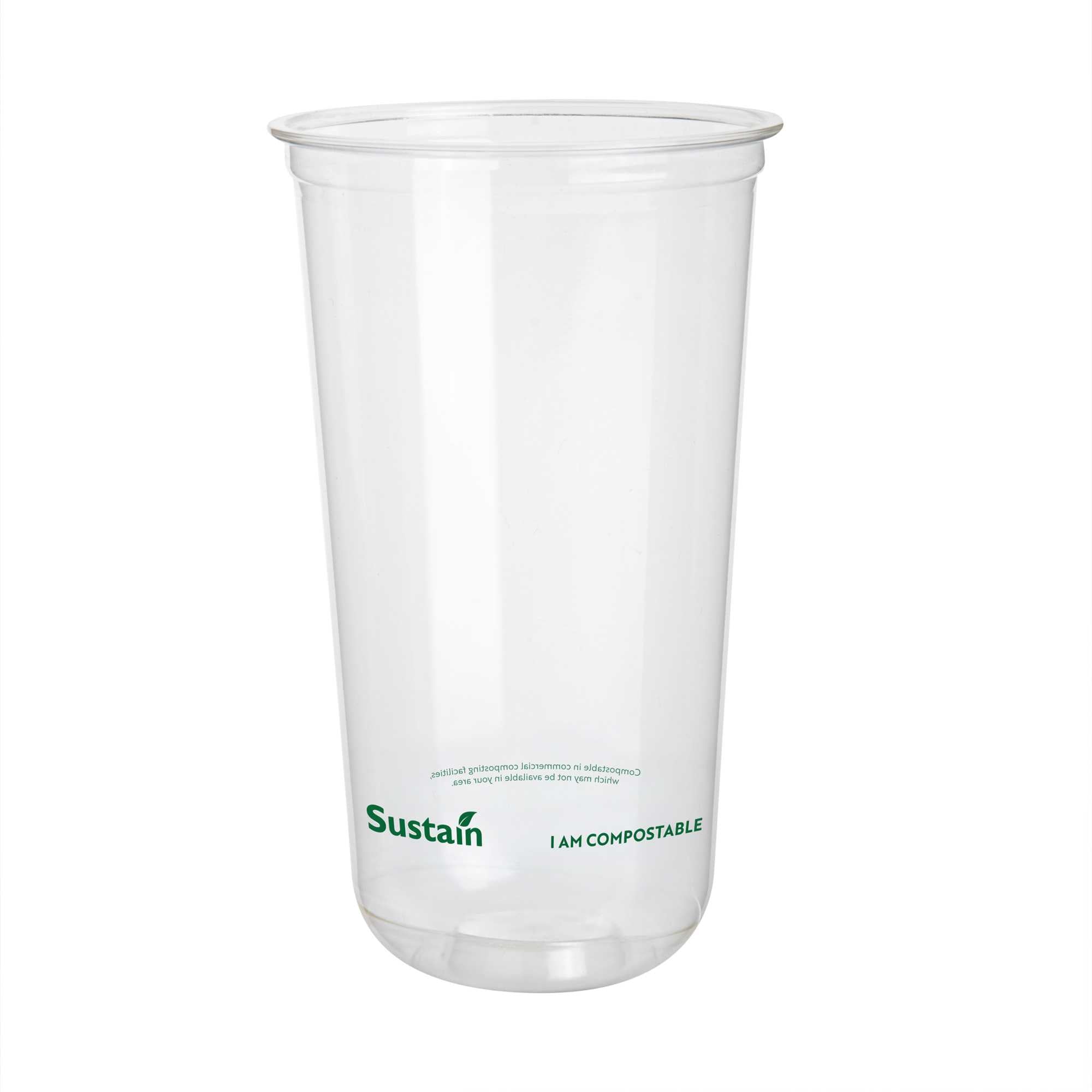 Sustain 24 oz U-Shape Clear PLA Plastic Drinking Cup - Compostable, Rounded Bottom - 3 1/2" x 3 1/2" x 6" - 1000 count box