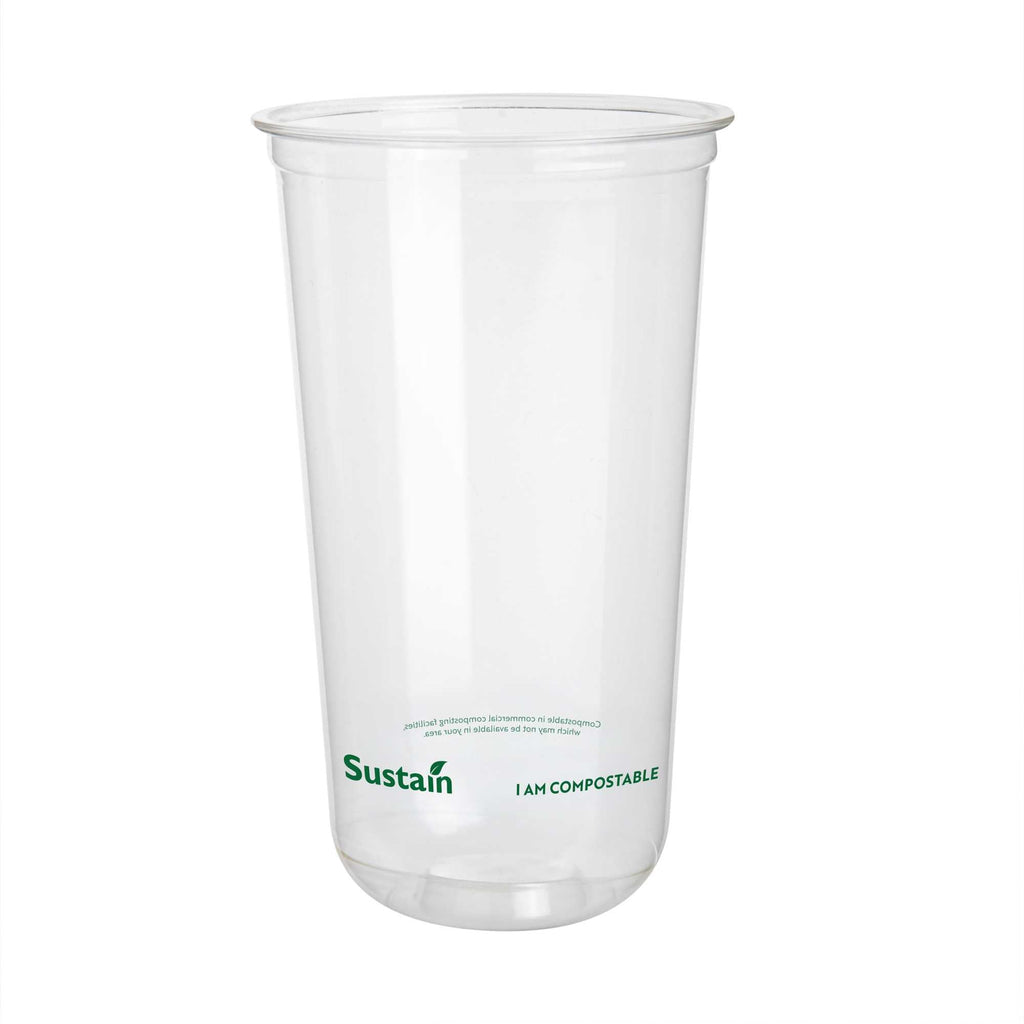 Sustain 24 oz U-Shape Clear PLA Plastic Drinking Cup - Compostable, Rounded Bottom - 3 1/2" x 3 1/2" x 6" - 100 count box