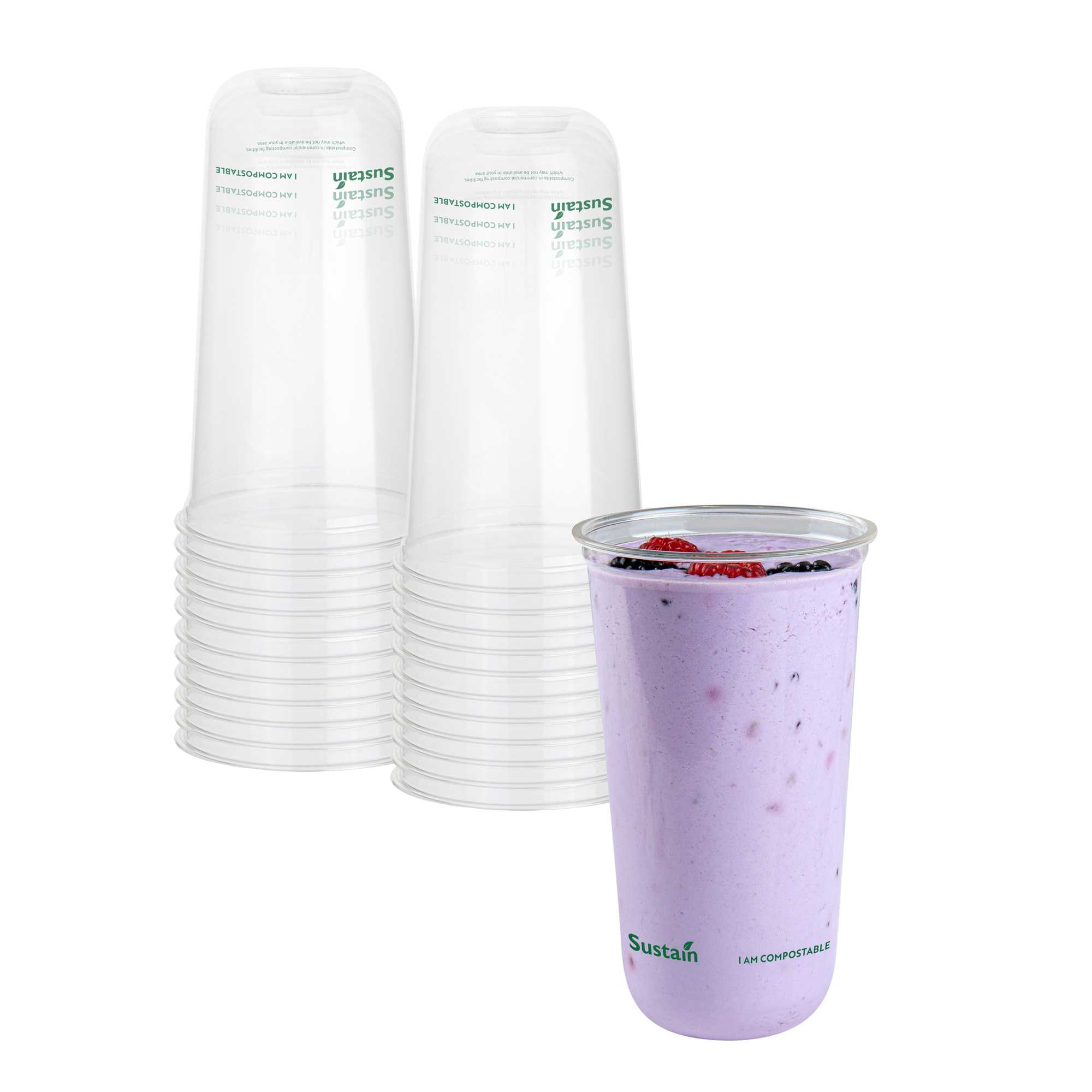 Sustain 24 oz U-Shape Clear PLA Plastic Drinking Cup - Compostable, Rounded Bottom - 3 1/2" x 3 1/2" x 6" - 100 count box