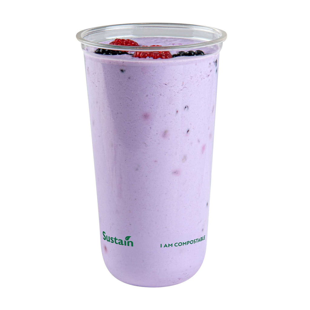 Sustain 24 oz U-Shape Clear PLA Plastic Drinking Cup - Compostable, Rounded Bottom - 3 1/2" x 3 1/2" x 6" - 100 count box