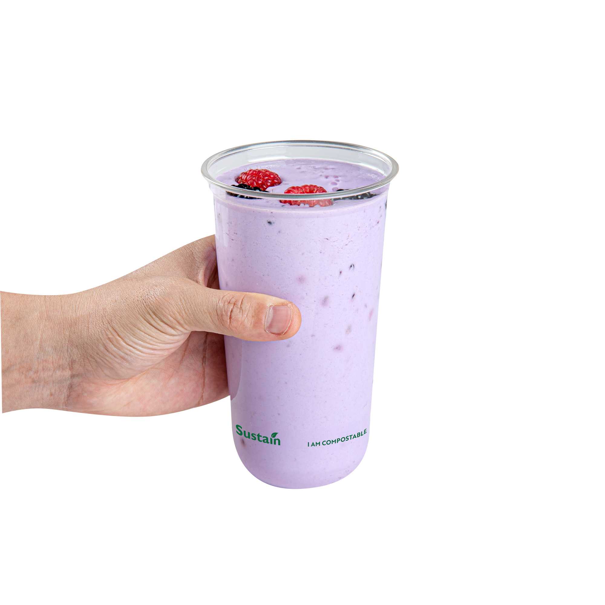 Sustain 24 oz U-Shape Clear PLA Plastic Drinking Cup - Compostable, Rounded Bottom - 3 1/2" x 3 1/2" x 6" - 1000 count box