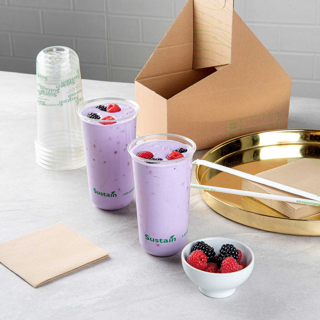 Sustain 24 oz U-Shape Clear PLA Plastic Drinking Cup - Compostable, Rounded Bottom - 3 1/2" x 3 1/2" x 6" - 1000 count box