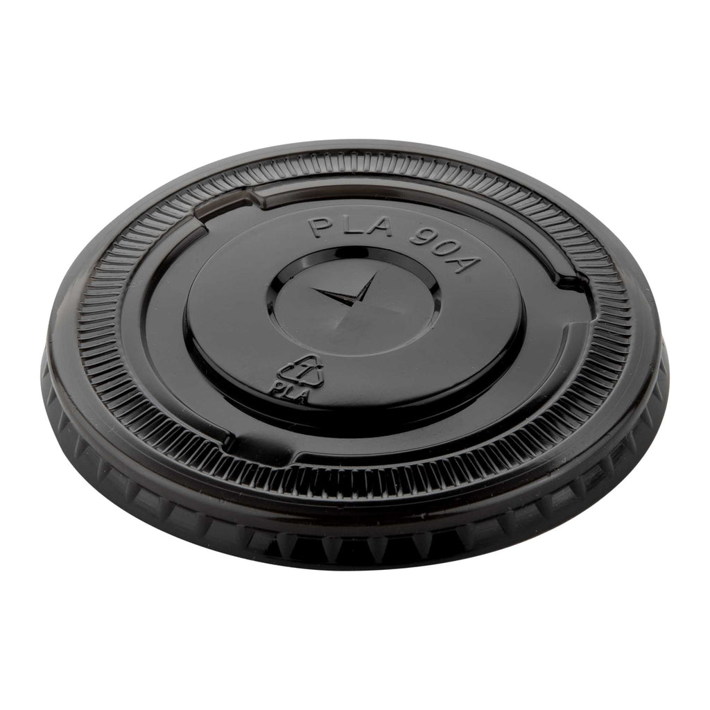Sustain Round Black PLA Plastic Flat Lid - Fits 12, 16, and 24 oz, Compostable - 3 1/2" x 3 1/2" x 1/4" - 1000 count box