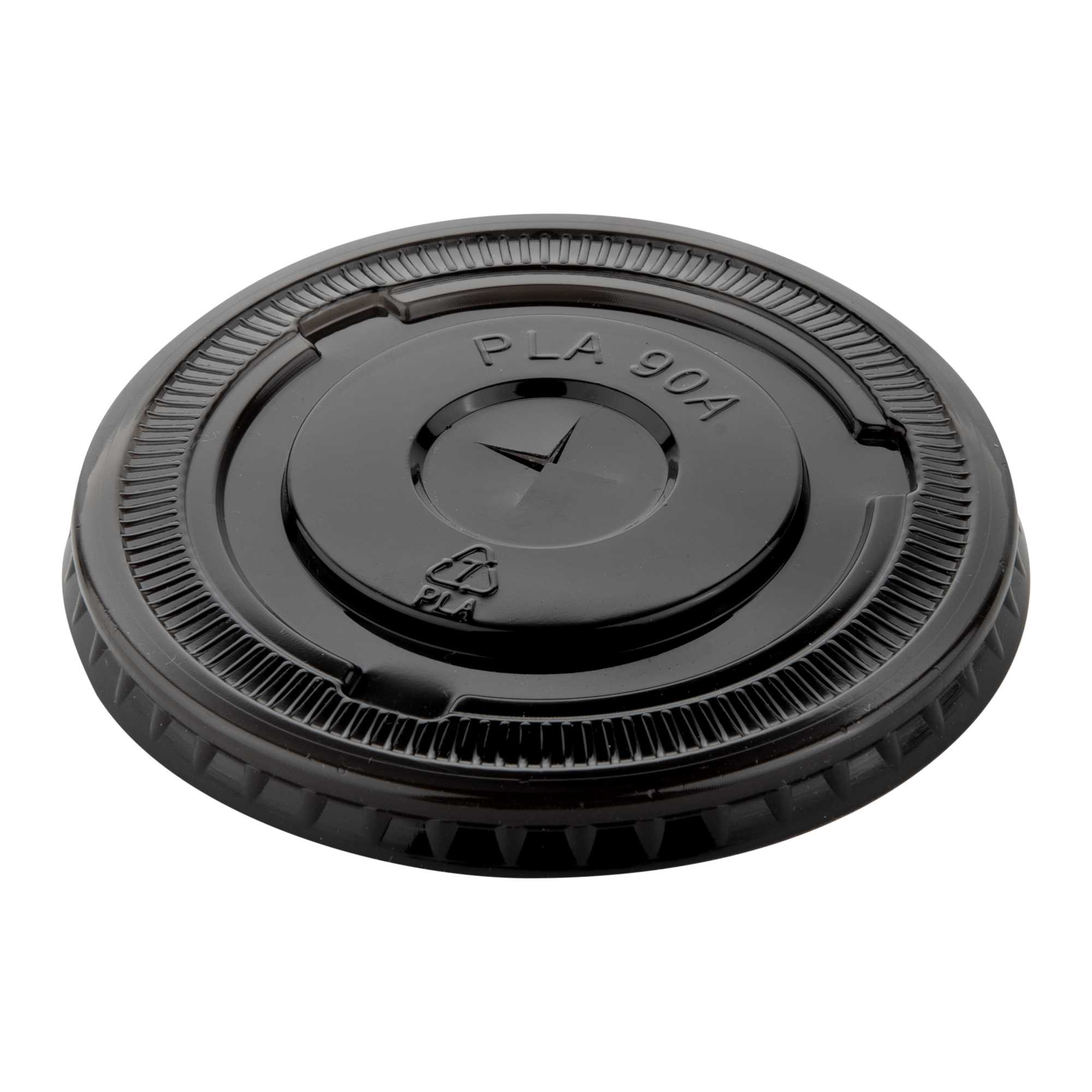 Sustain Round Black PLA Plastic Flat Lid - Fits 12, 16, and 24 oz, Compostable - 3 1/2" x 3 1/2" x 1/4" - 100 count box